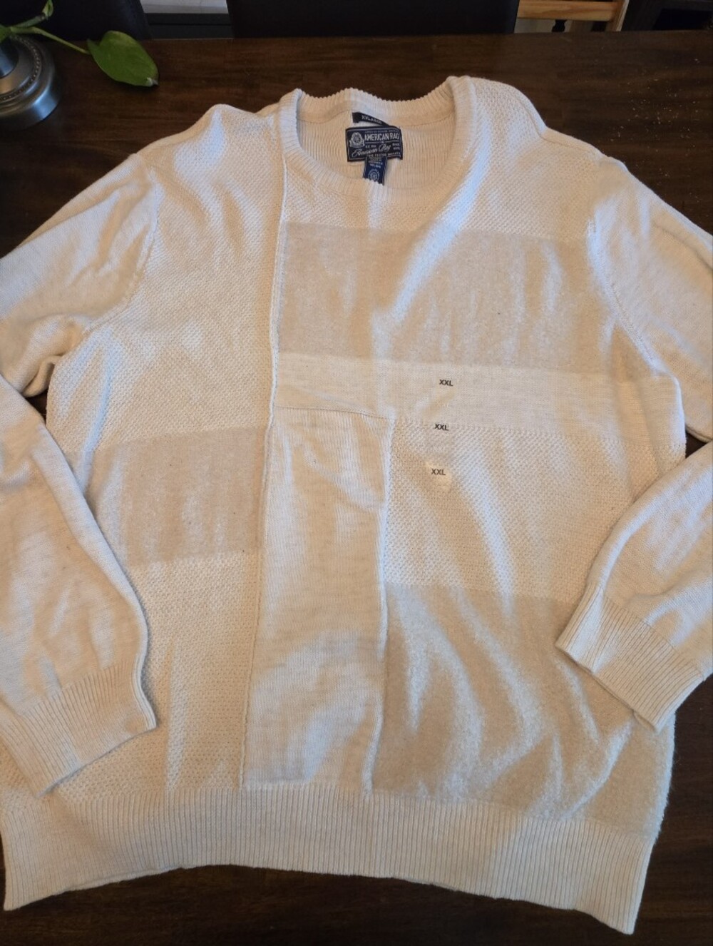 American Rag Men’s XXL Cream Knit Crewneck Sweater Tonal Patch Block Pattern